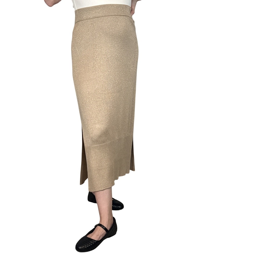 Banana Republic Maxi Shine Sweater Skirt Size XL Gold Lurex Yarn Side Slits